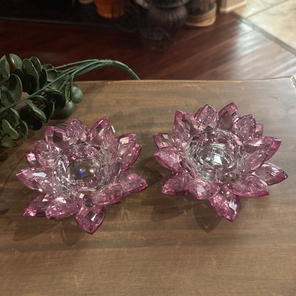 Crystal and Glass Lotus Flower Pink Candle Holder with Box New - Picture 1 of 4